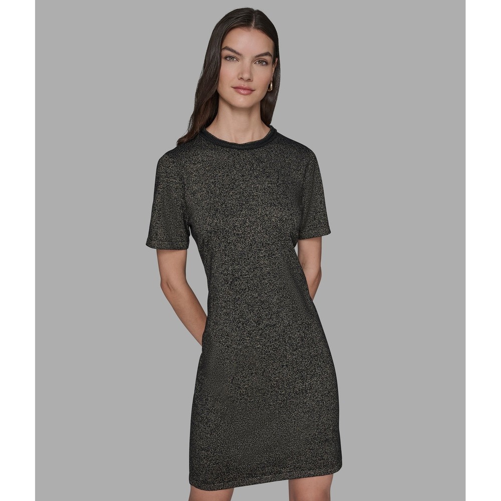 Karl Lagerfeld Paris Metallic Gold Black Knit Sheath Dress Fringe Trim Large